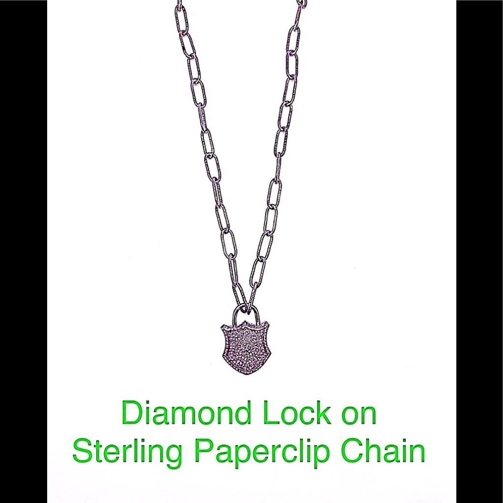 Diamond Lock In Oxidized Sterling Silver On Paperclip Chain. Lock Really Works.